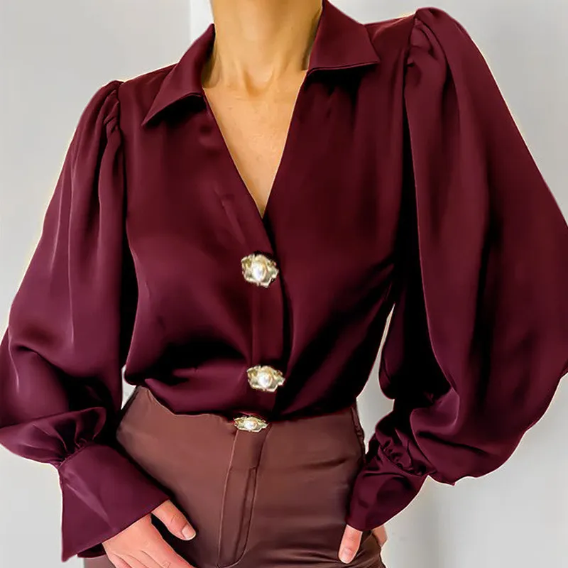 Fall Fashion Balloon Sleeve Casual Loose Satin Blouse - Image 6