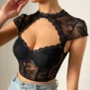 Women Round Neck Lace Diamond Sexy Hollow Steel Ring Fishbone Crop Top