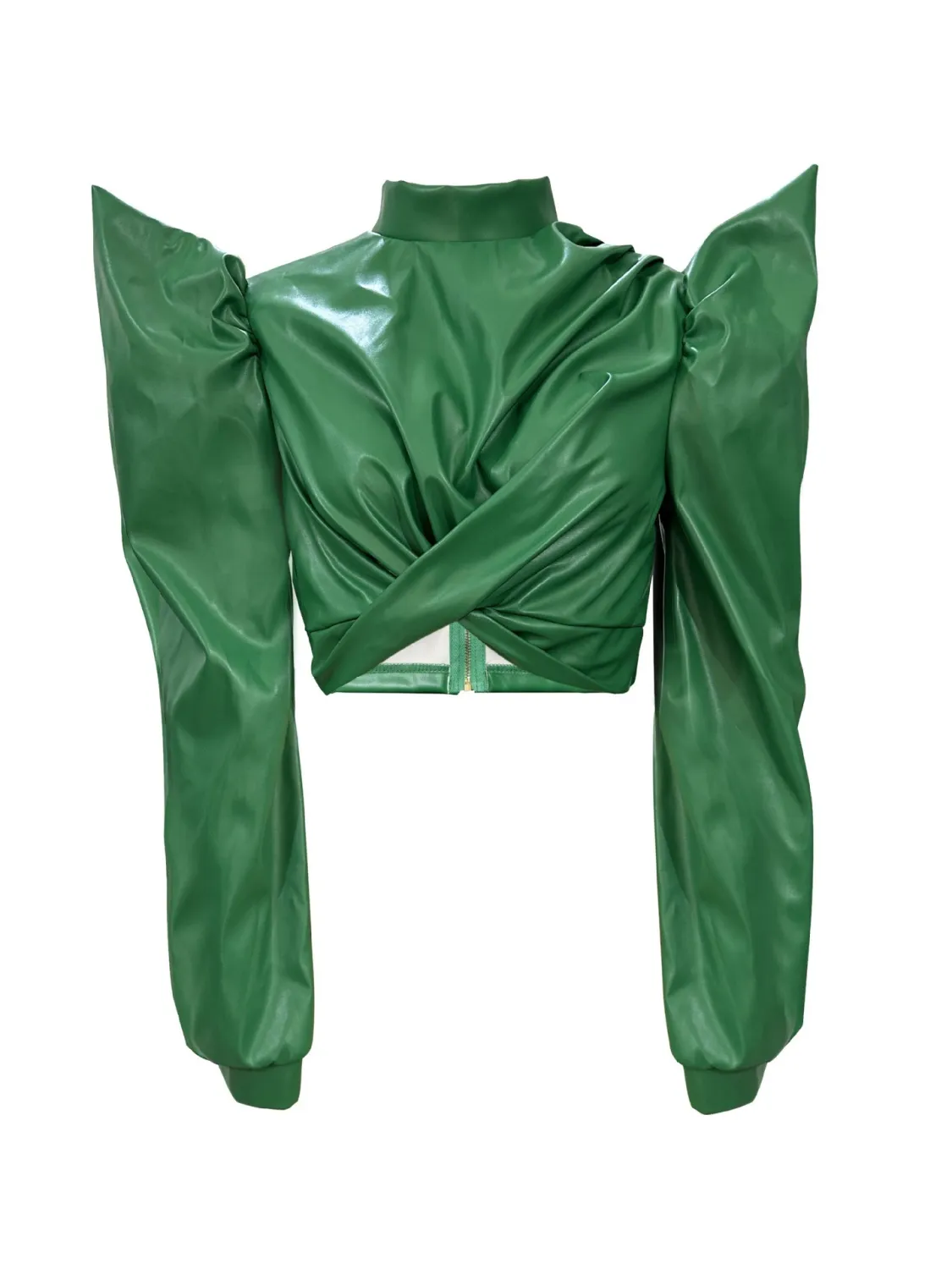 Women Puff Shoulder Pu Leather Crop Top - Image 7