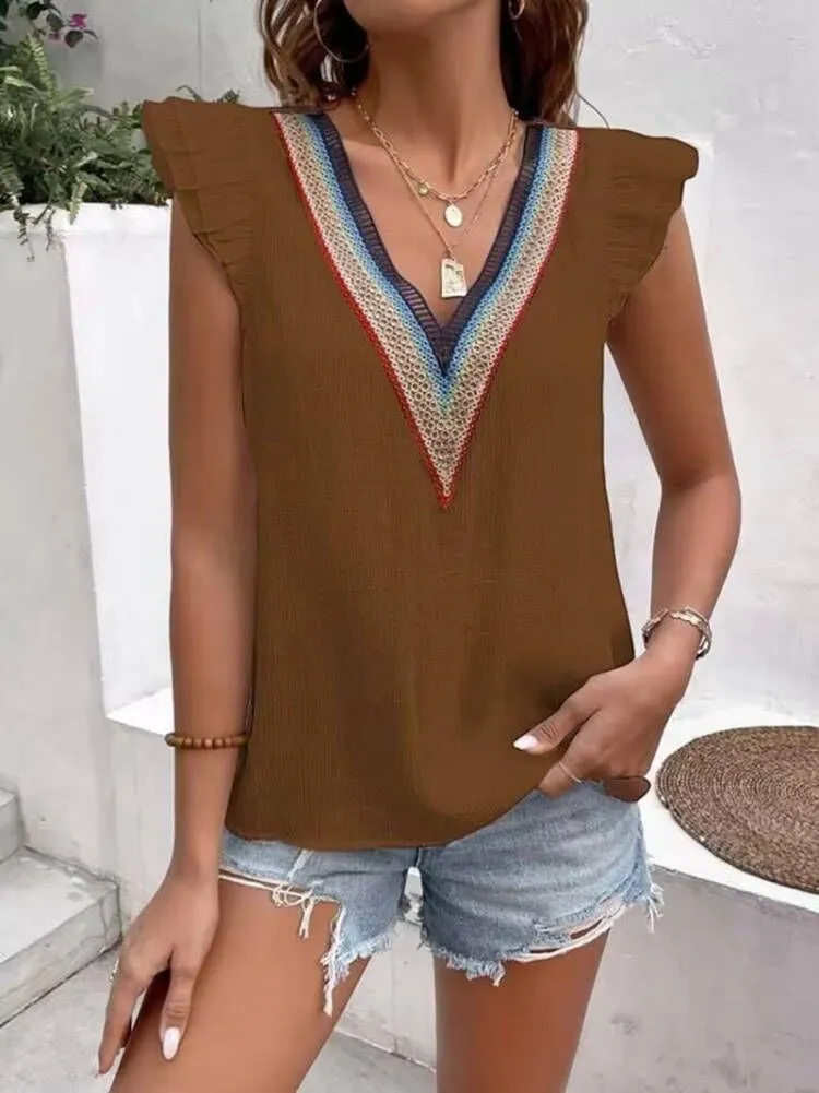 Summer V-neck Lace Patchwork Ruffle Sleeve Simple Solid Color Shirt - Image 11