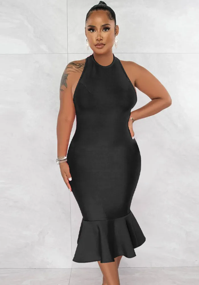 Women's Solid Color Halter Neck Bodycon Mermaid Party Dress - Image 11